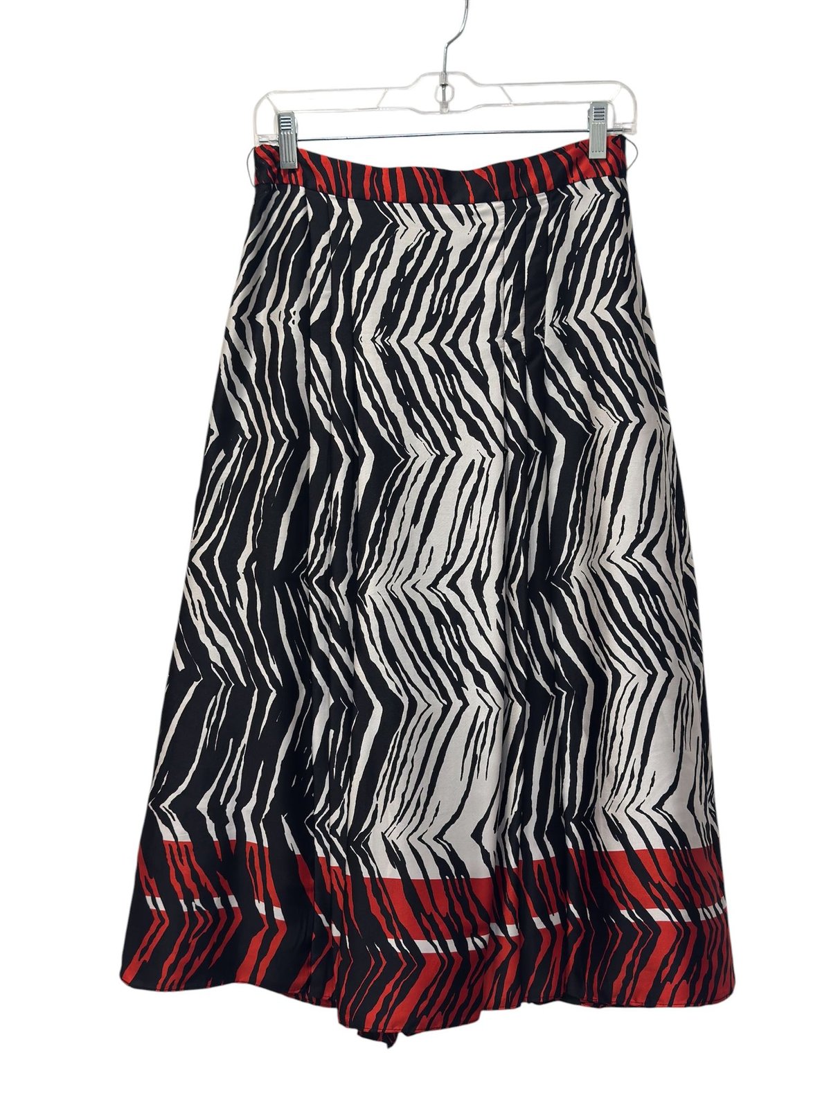 Zebra Print Pleated Midi Skirt Black White Red Size S