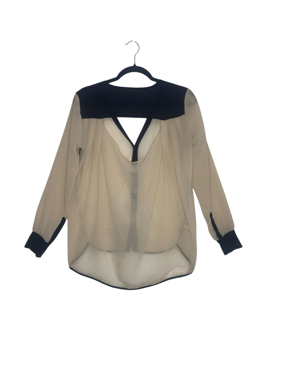 Bar III Sheer Colorblock Chiffon Blouse Beige Black XS