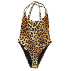 Leopard Print One-Piece Swimsuit Halter Back Black