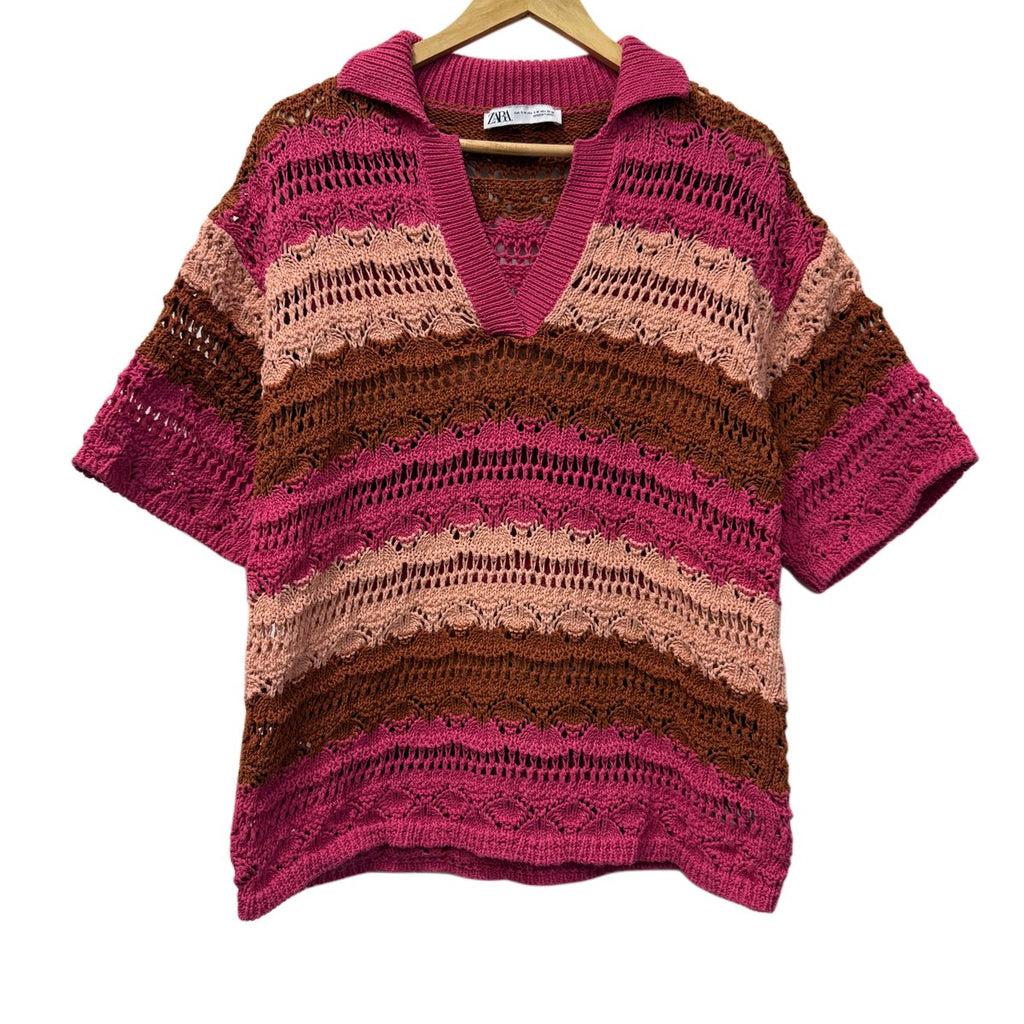 Zara Striped Open-Knit Polo Sweater Pink Brown
