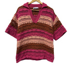 Zara Striped Open-Knit Polo Sweater Pink Brown