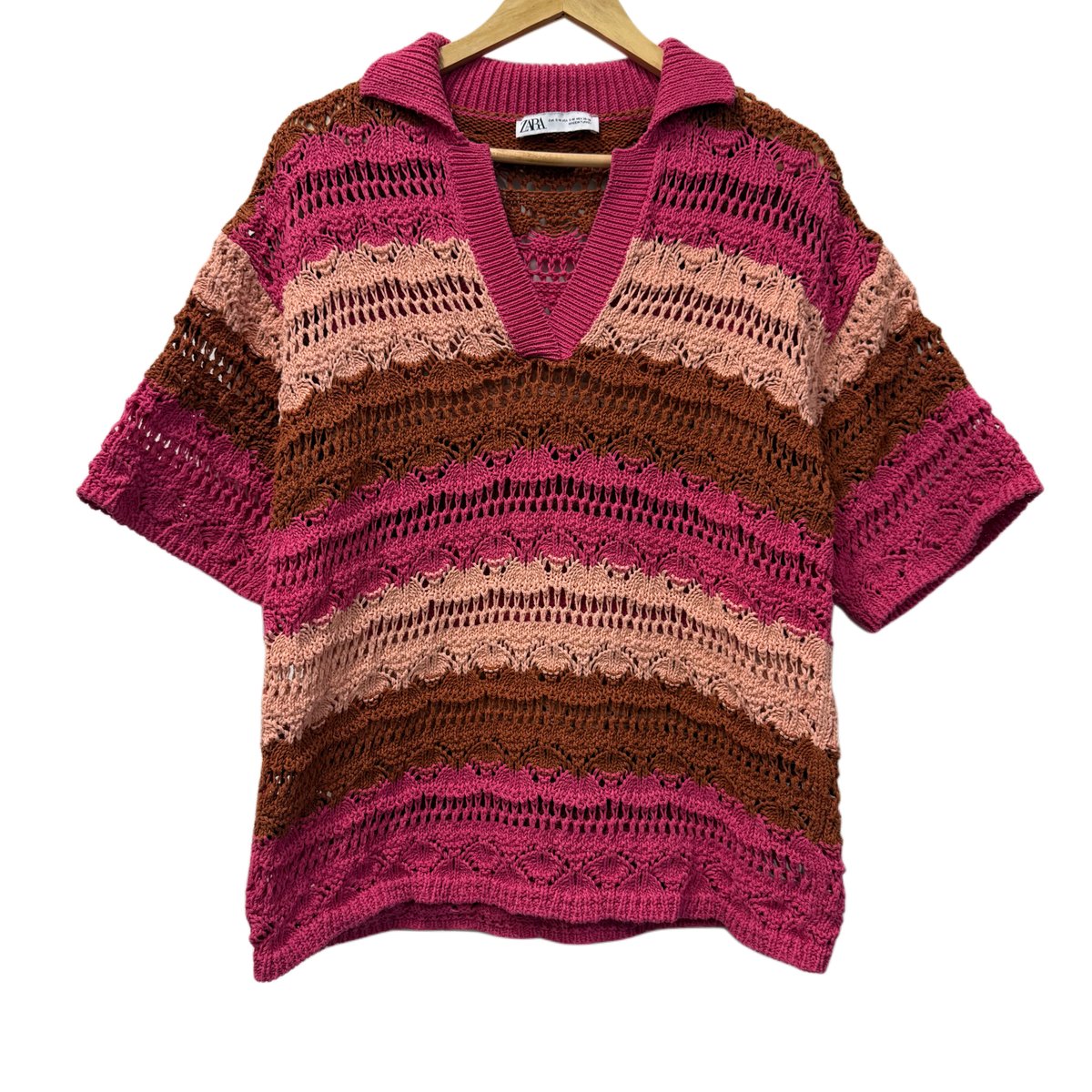 Zara Striped Open-Knit Polo Sweater Pink Brown