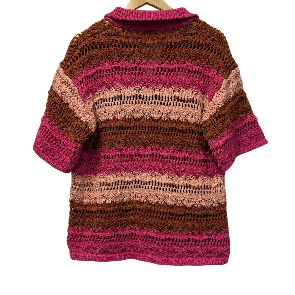 Zara Striped Open-Knit Polo Sweater Pink Brown