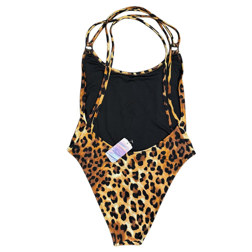 Leopard Print One-Piece Swimsuit Halter Back Black