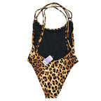 Leopard Print One-Piece Swimsuit Halter Back Black
