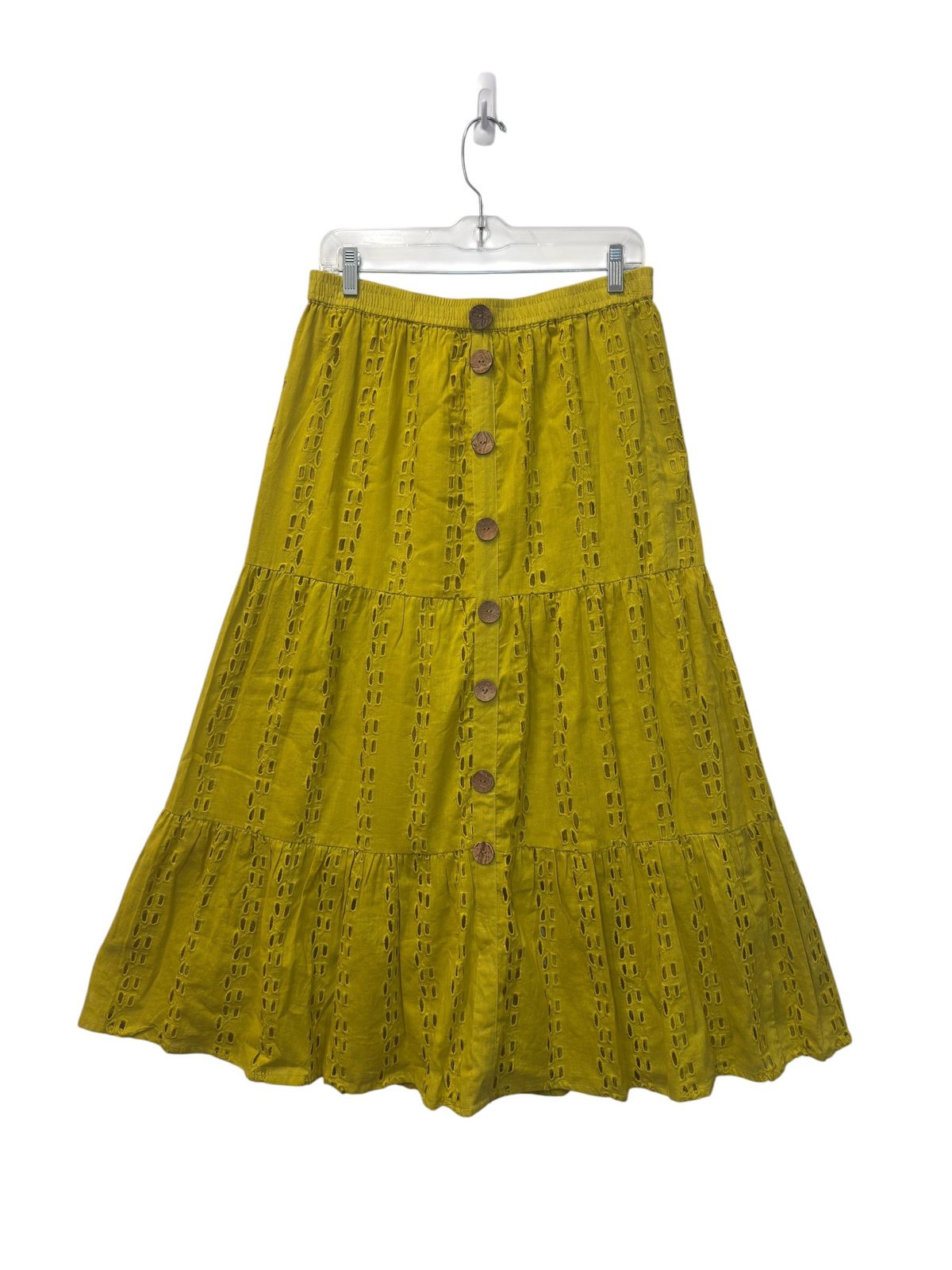 Mustard Yellow Eyelet Tiered Midi Skirt Boho