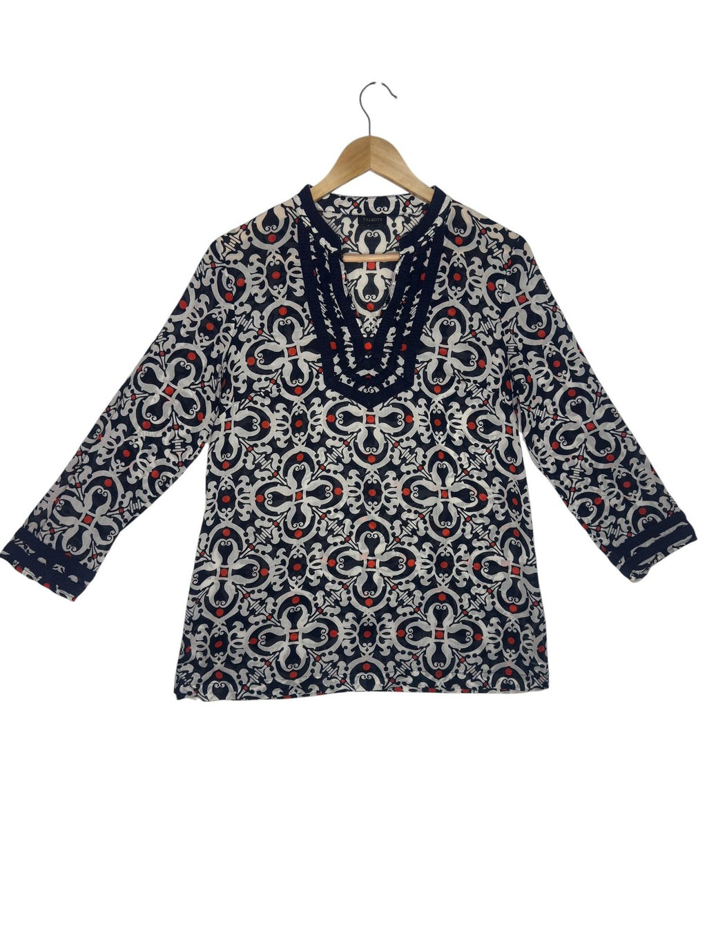 Talbots Medallion Print Long Sleeve Tunic Top Navy