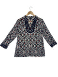 Talbots Medallion Print Long Sleeve Tunic Top Navy