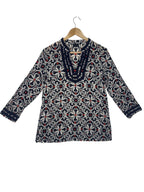 Talbots Medallion Print Long Sleeve Tunic Top Navy