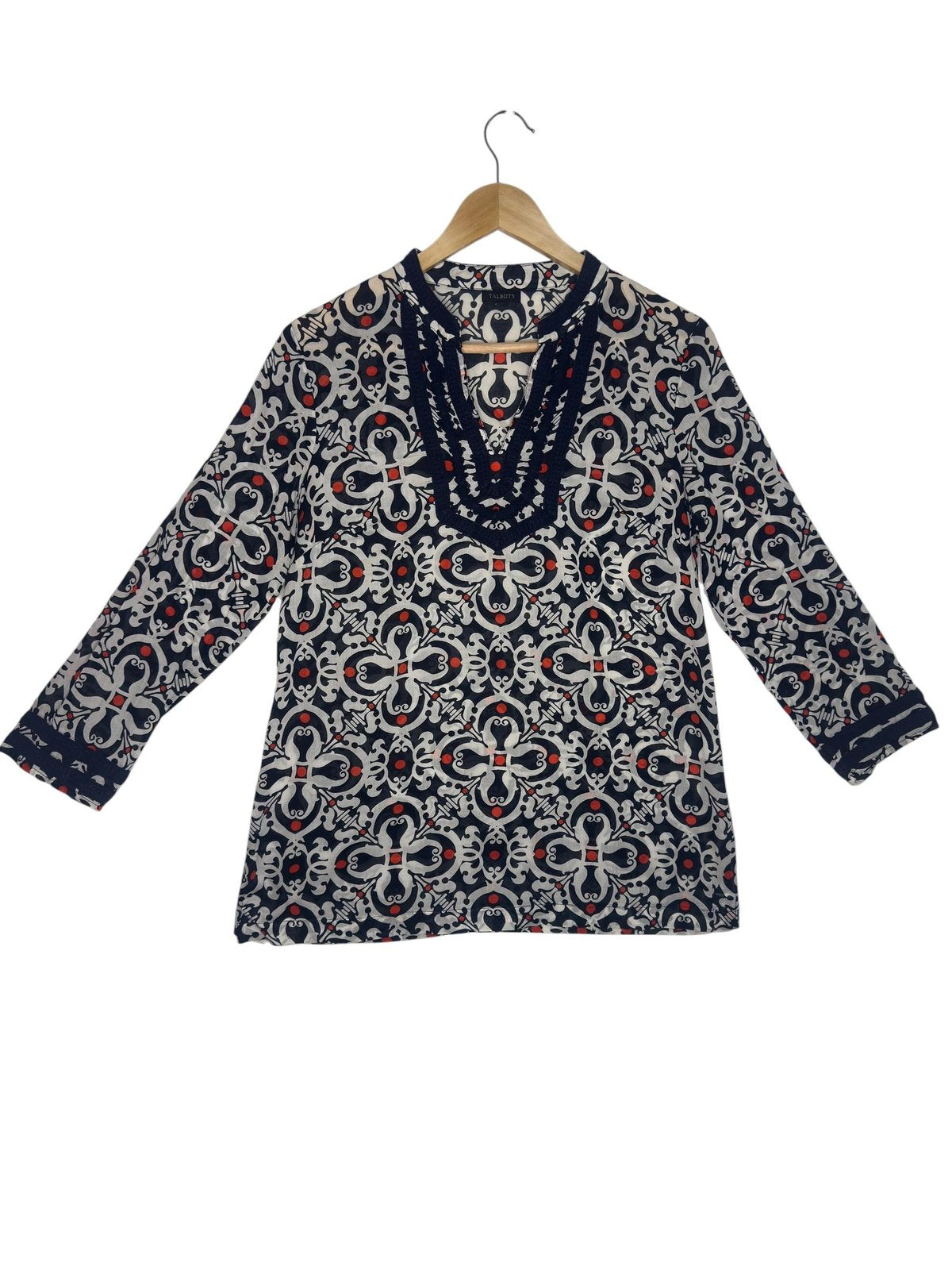 Talbots Medallion Print Long Sleeve Tunic Top Navy