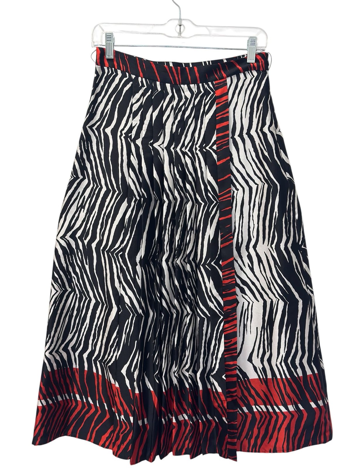 Zebra Print Pleated Midi Skirt Black White Red Size S
