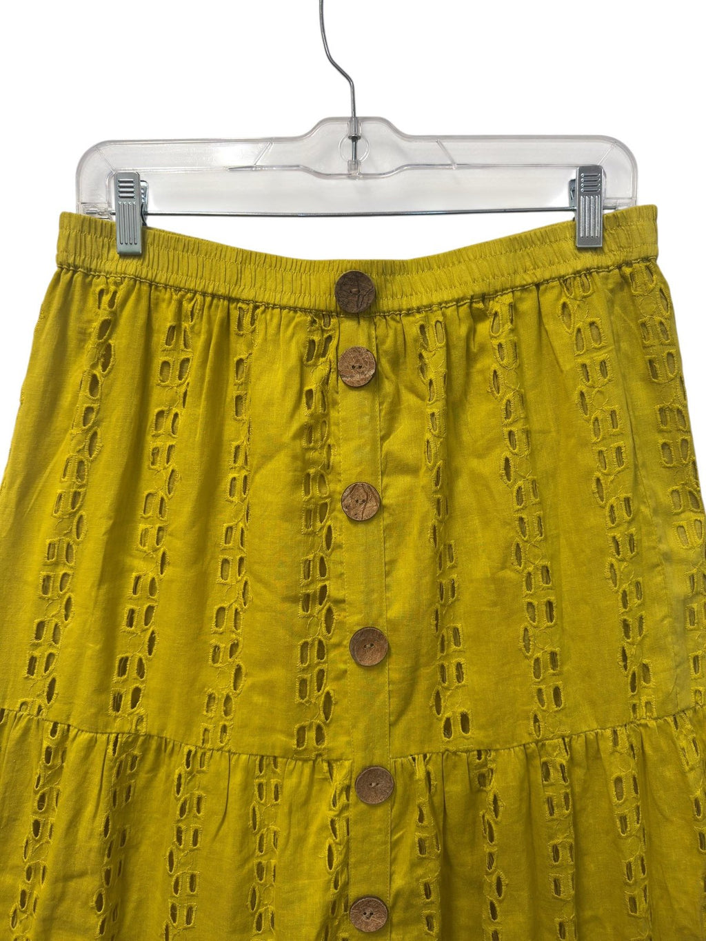 Mustard Yellow Eyelet Tiered Midi Skirt Boho