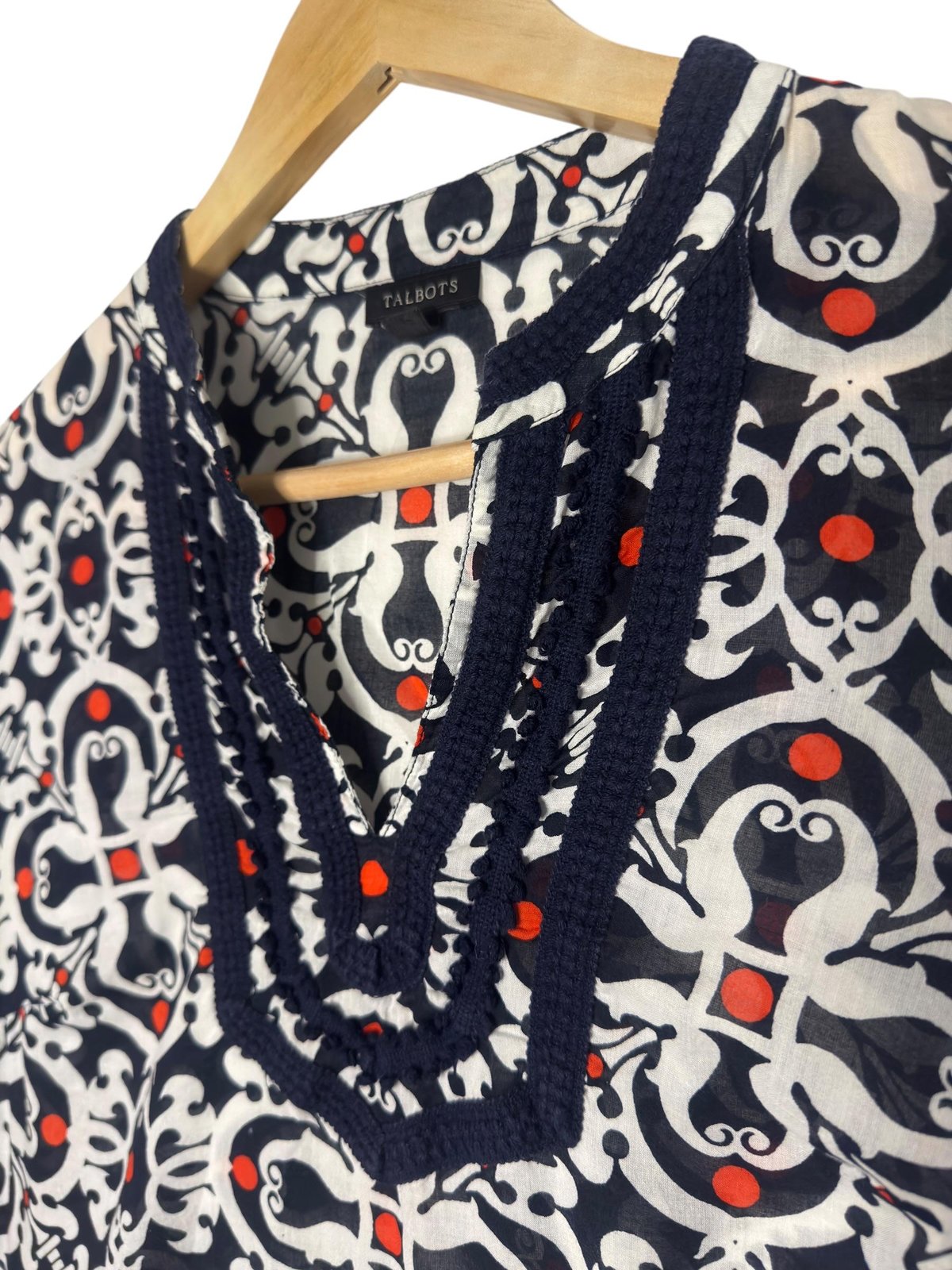 Talbots Medallion Print Long Sleeve Tunic Top Navy