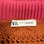 Zara Striped Open-Knit Polo Sweater Pink Brown