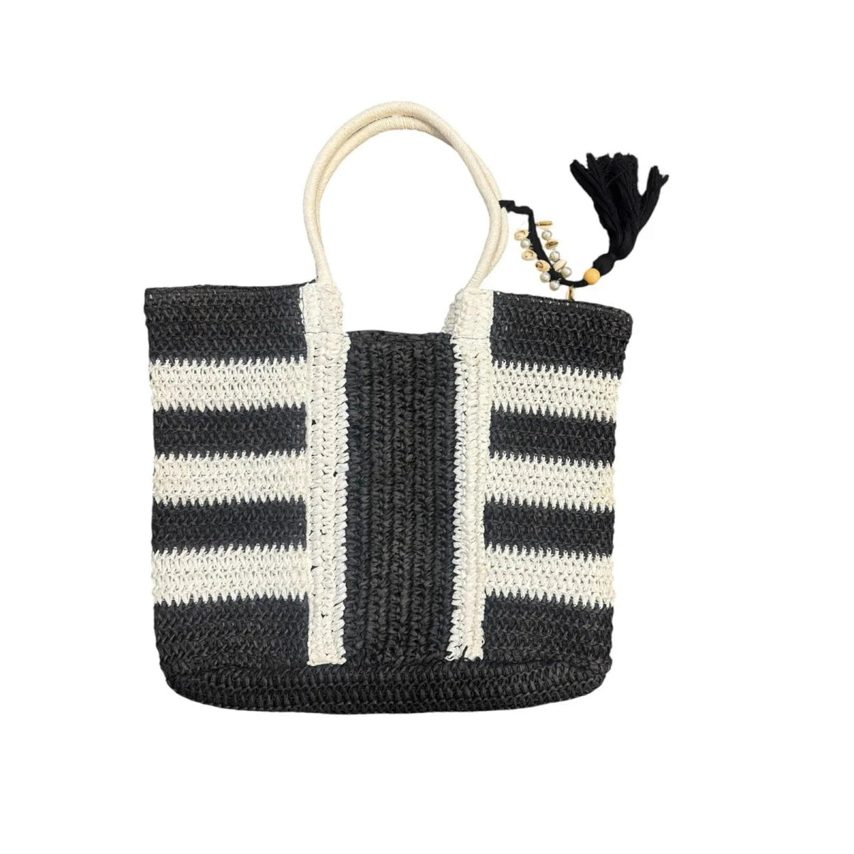 Escape Striped Woven Straw Tote Bag Black White