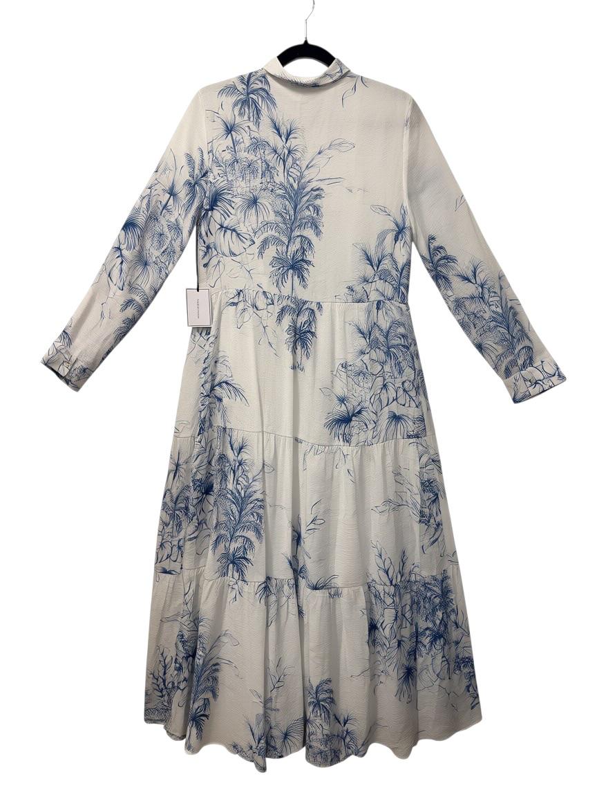 1.STATE Tropical Toile Print Tiered Maxi Shirtdress White Blue