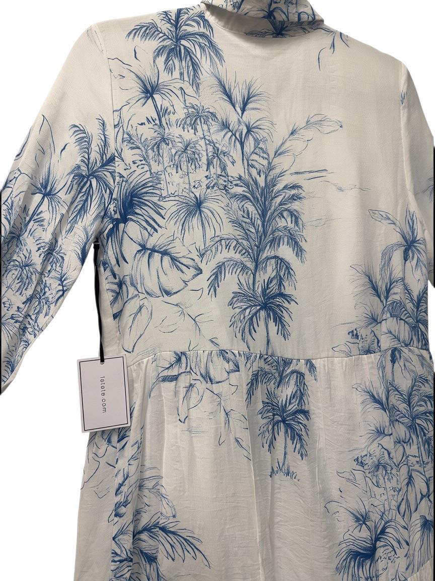 1.STATE Tropical Toile Print Tiered Maxi Shirtdress White Blue