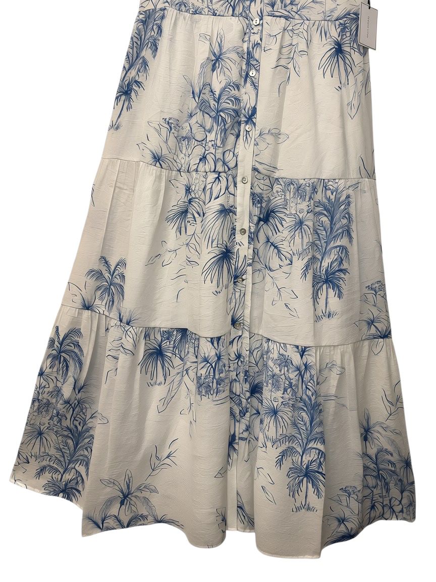 1.STATE Tropical Toile Print Tiered Maxi Shirtdress White Blue