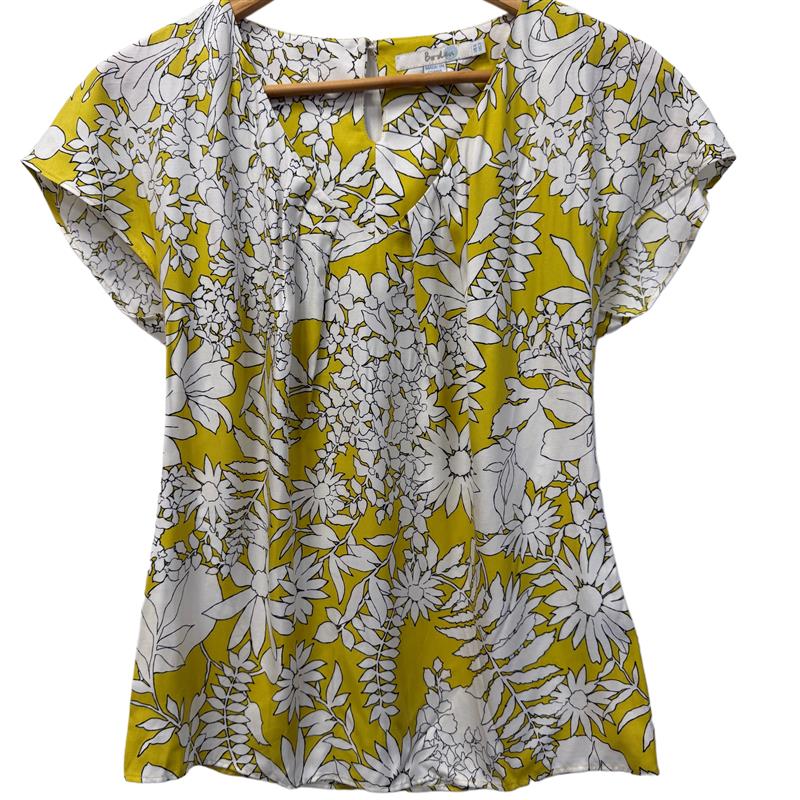 Boden Yellow Floral Silk Blend Blouse Women Size US 2 Lightweight Short Sleeve Top