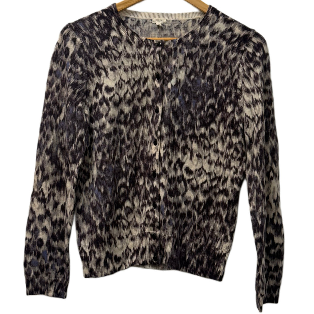 J-Crew Marino wool button down cardigan in grey and blue leopard print size M