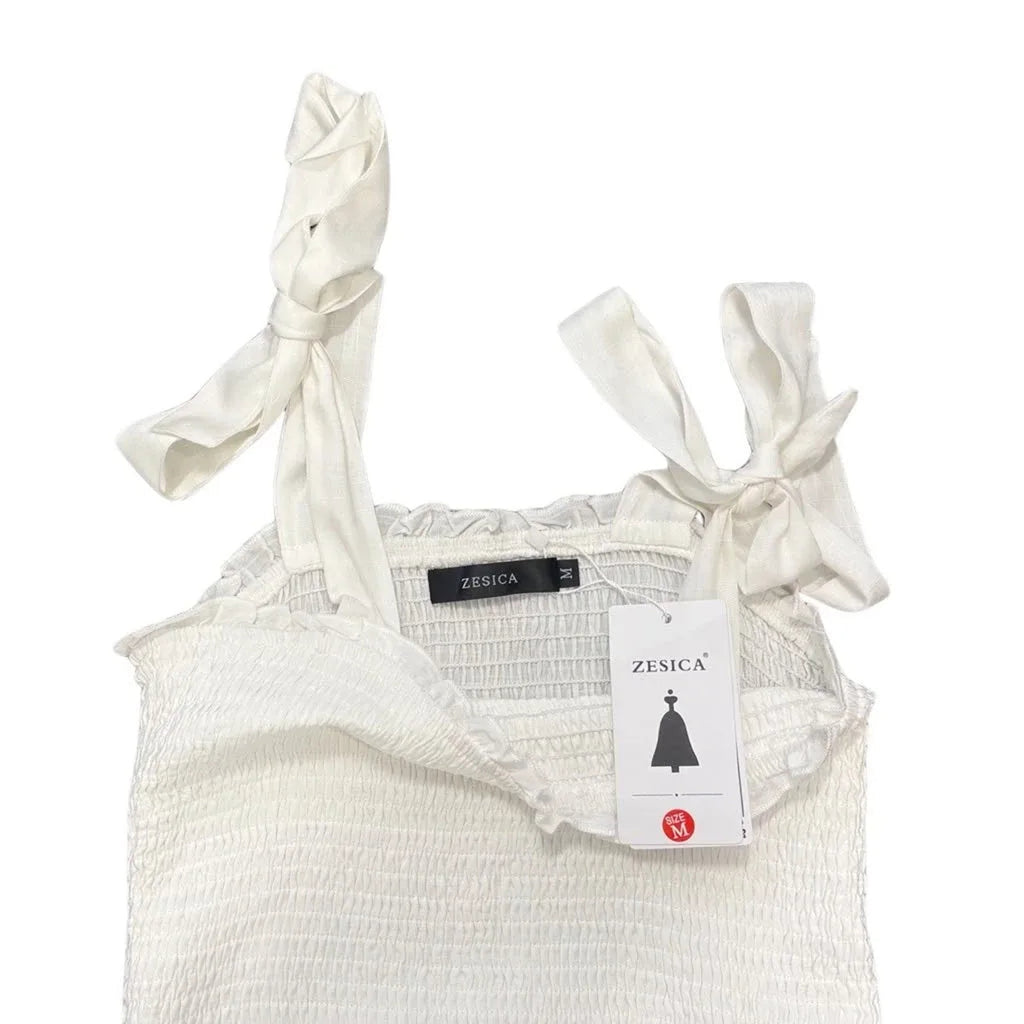 Zesica Smocked Bodice Tie-Shoulder Maxi Dress White