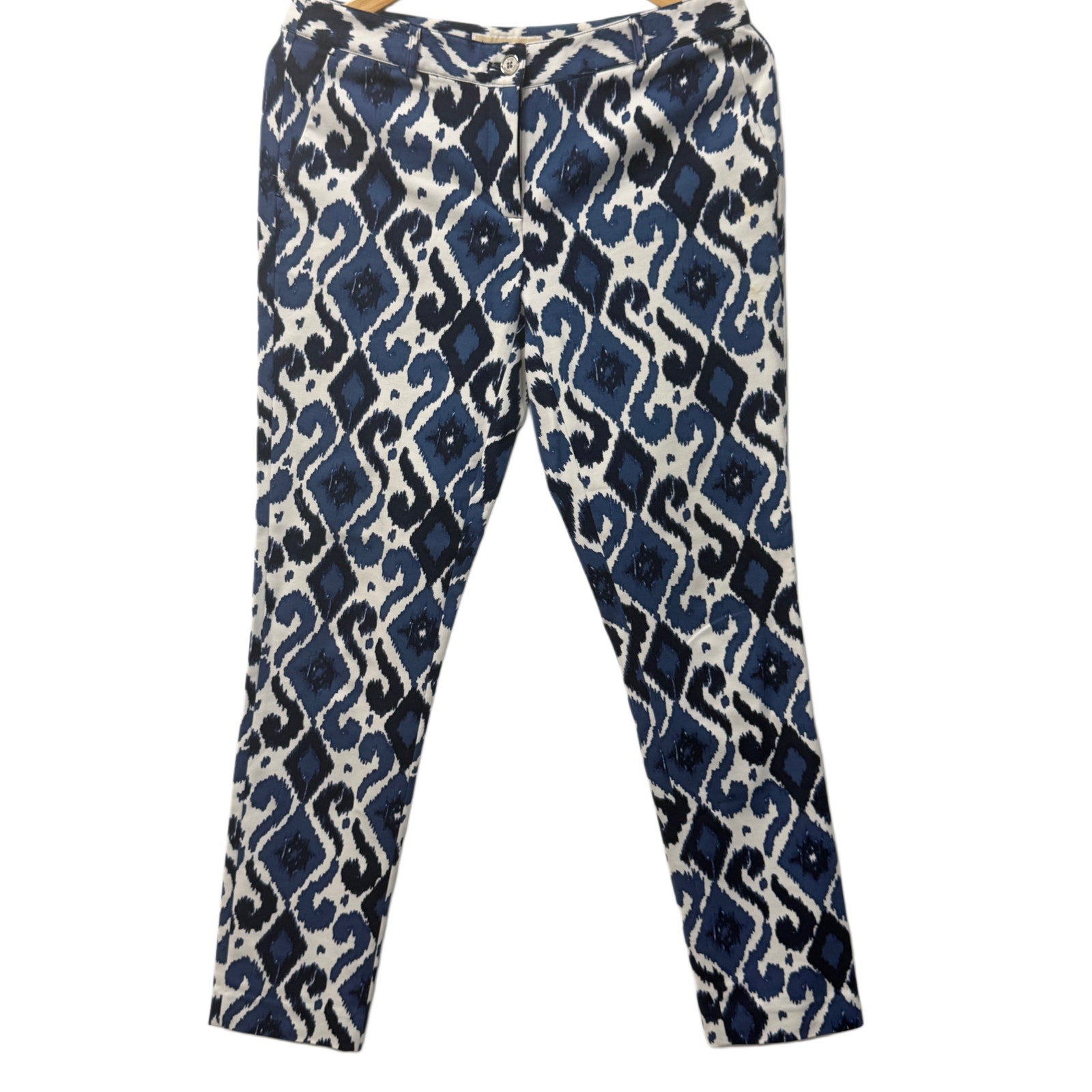 Michael Kors Blue Ikat Print Skinny Pants Size 4 Stretch Cotton Blend Ankle Pants