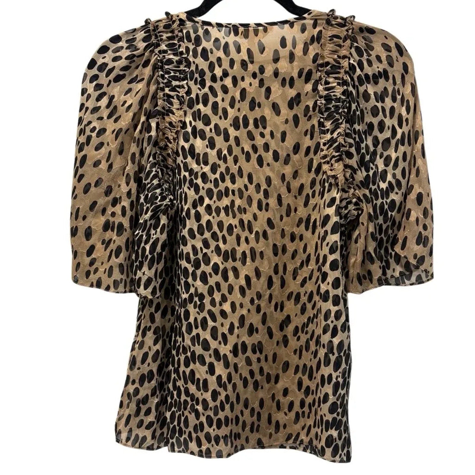 Rebecca Taylor Animal Print Ruffle Blouse Beige Black