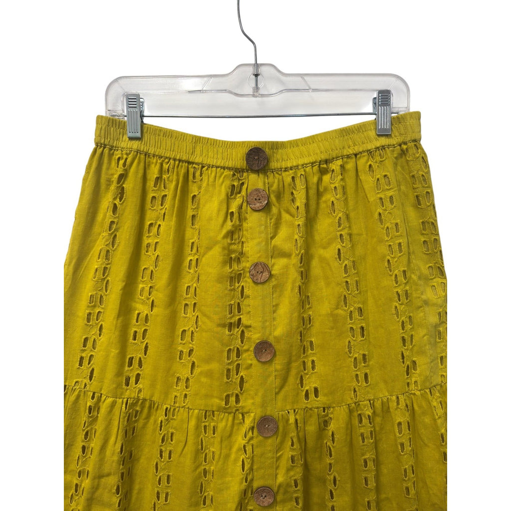 Mustard Yellow Eyelet Tiered Midi Skirt Boho