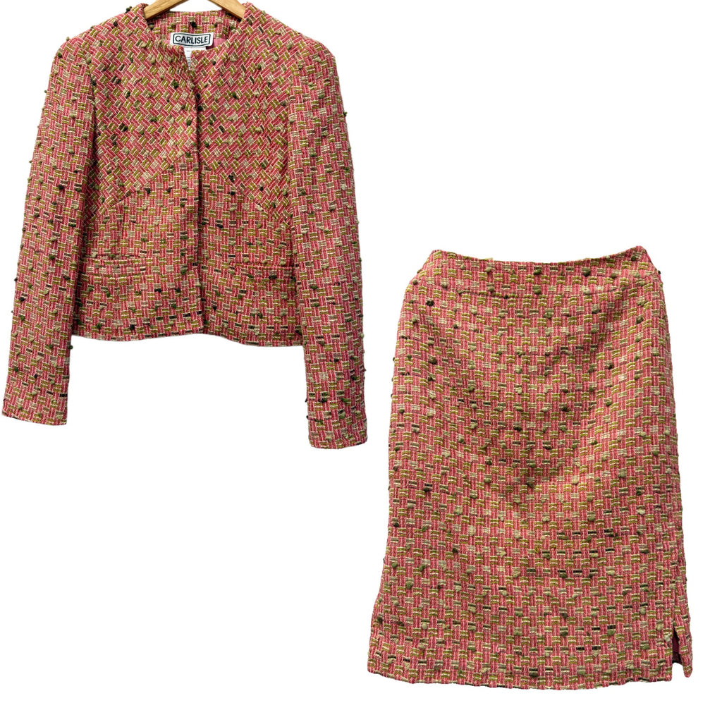 Carlisle Tweed Jacket Skirt Set Pink Green Bouclé Suit Size 2 Wool Blend