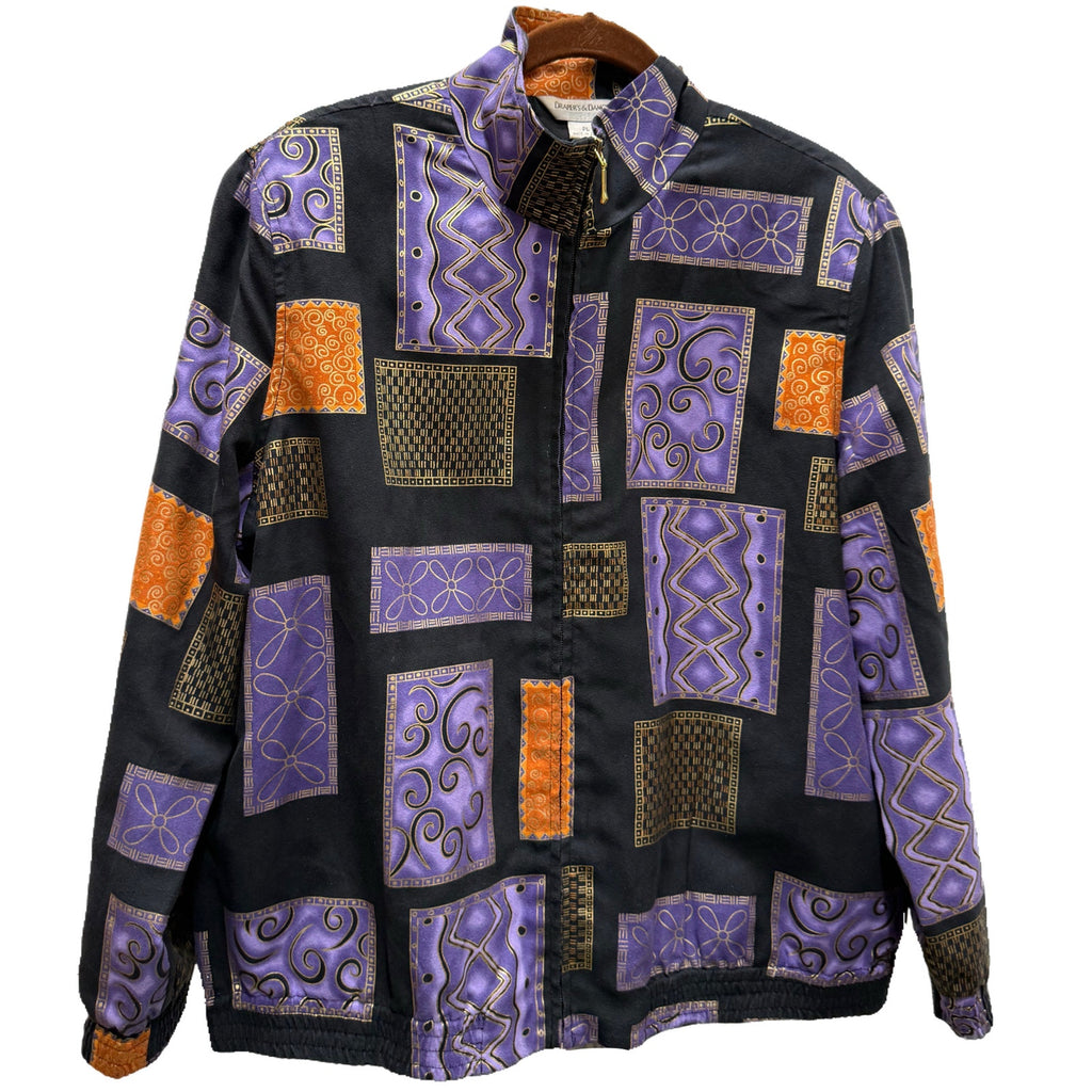 Drapers & Damons Petites Vintage Jacket Purple Black Gold Zip Front Size PL