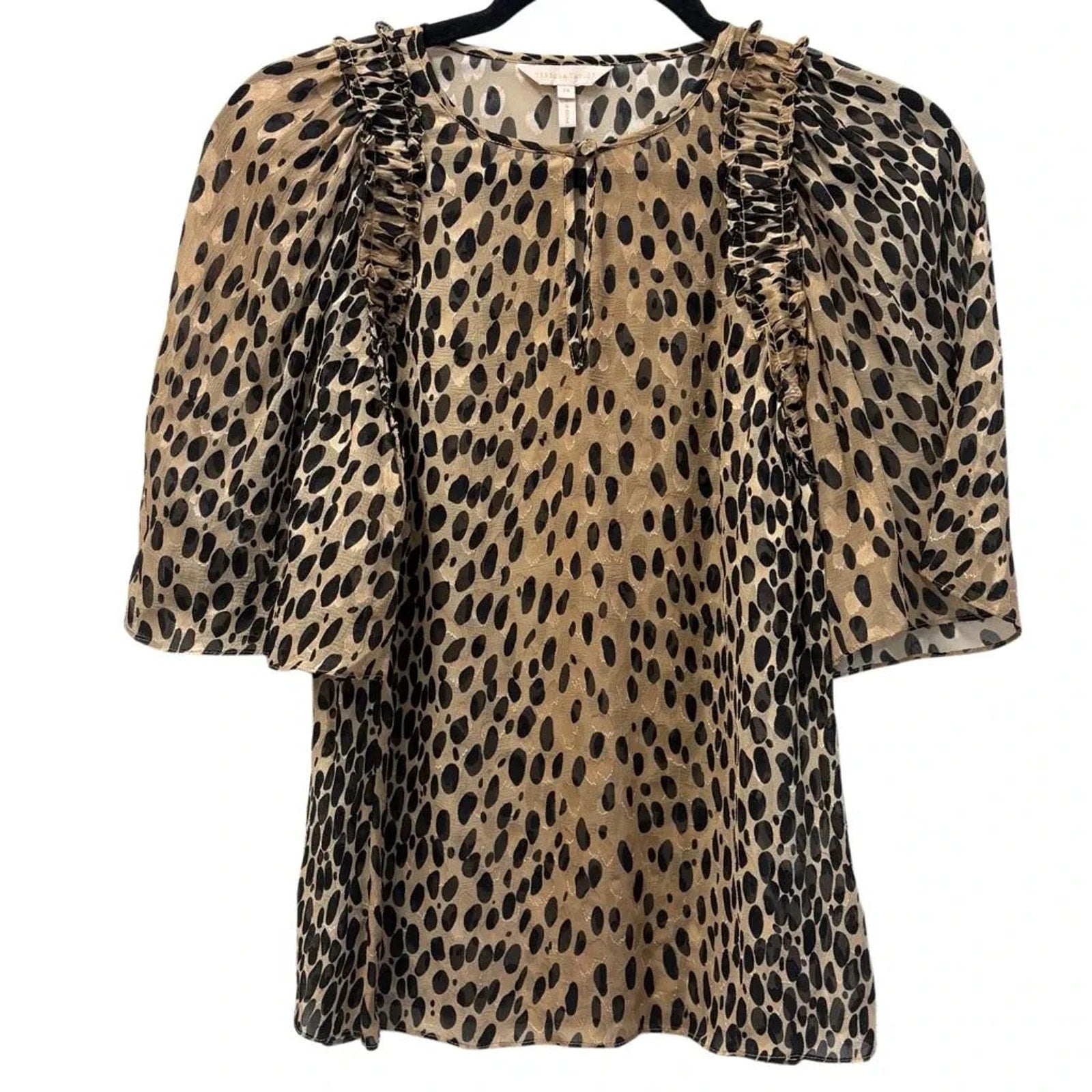 Rebecca Taylor Animal Print Ruffle Blouse Beige Black
