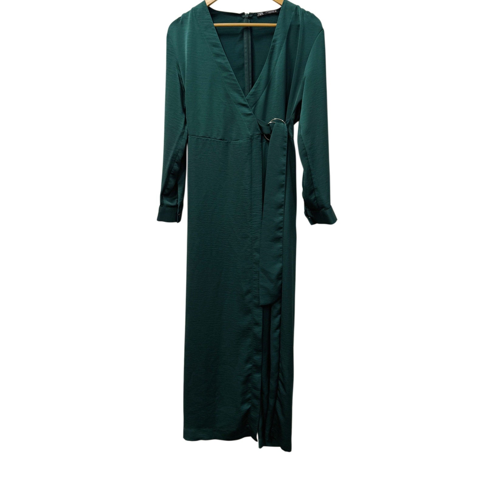 ZARA Emerald Green Satin Wrap Jumpsuit Size M New Without Tags
