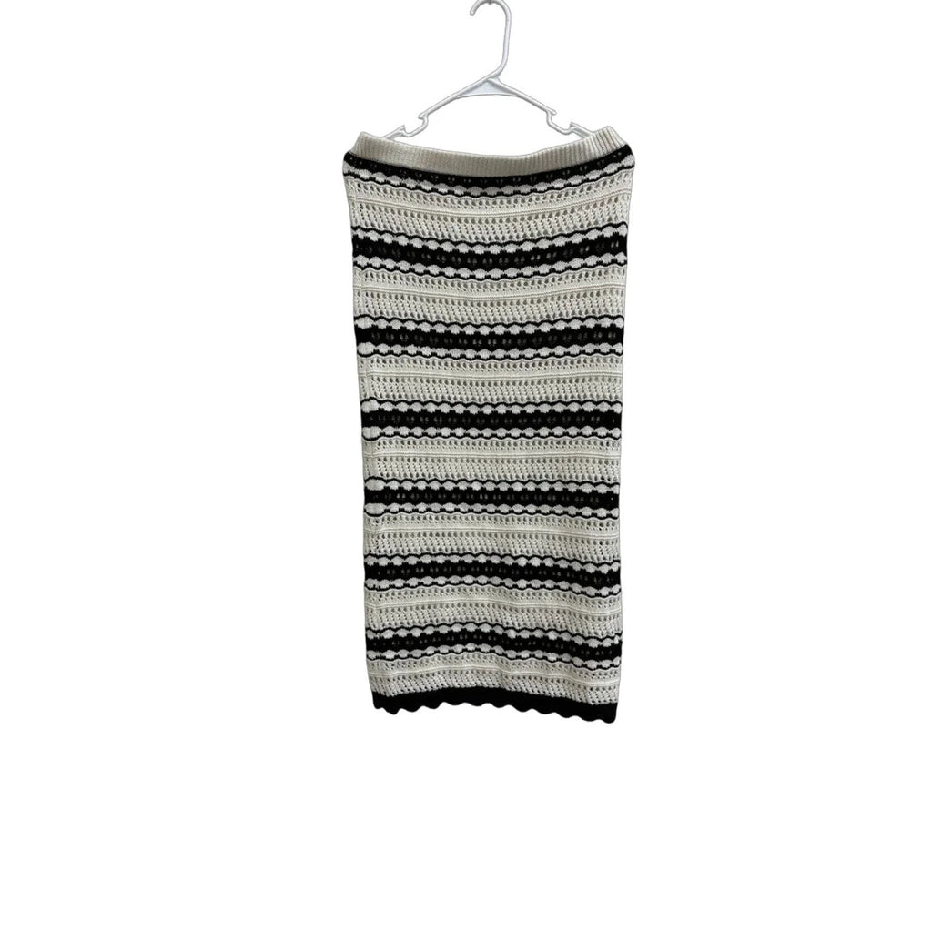 Cream & Black Striped Crochet Knit Midi Skirt M