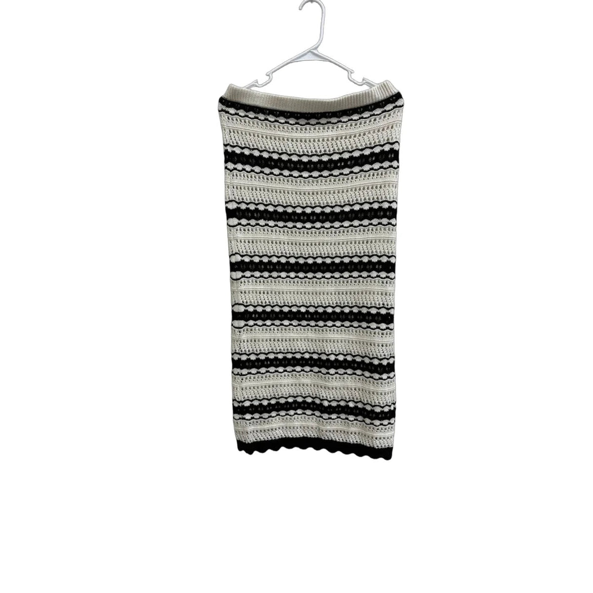 Cream & Black Striped Crochet Knit Midi Skirt M
