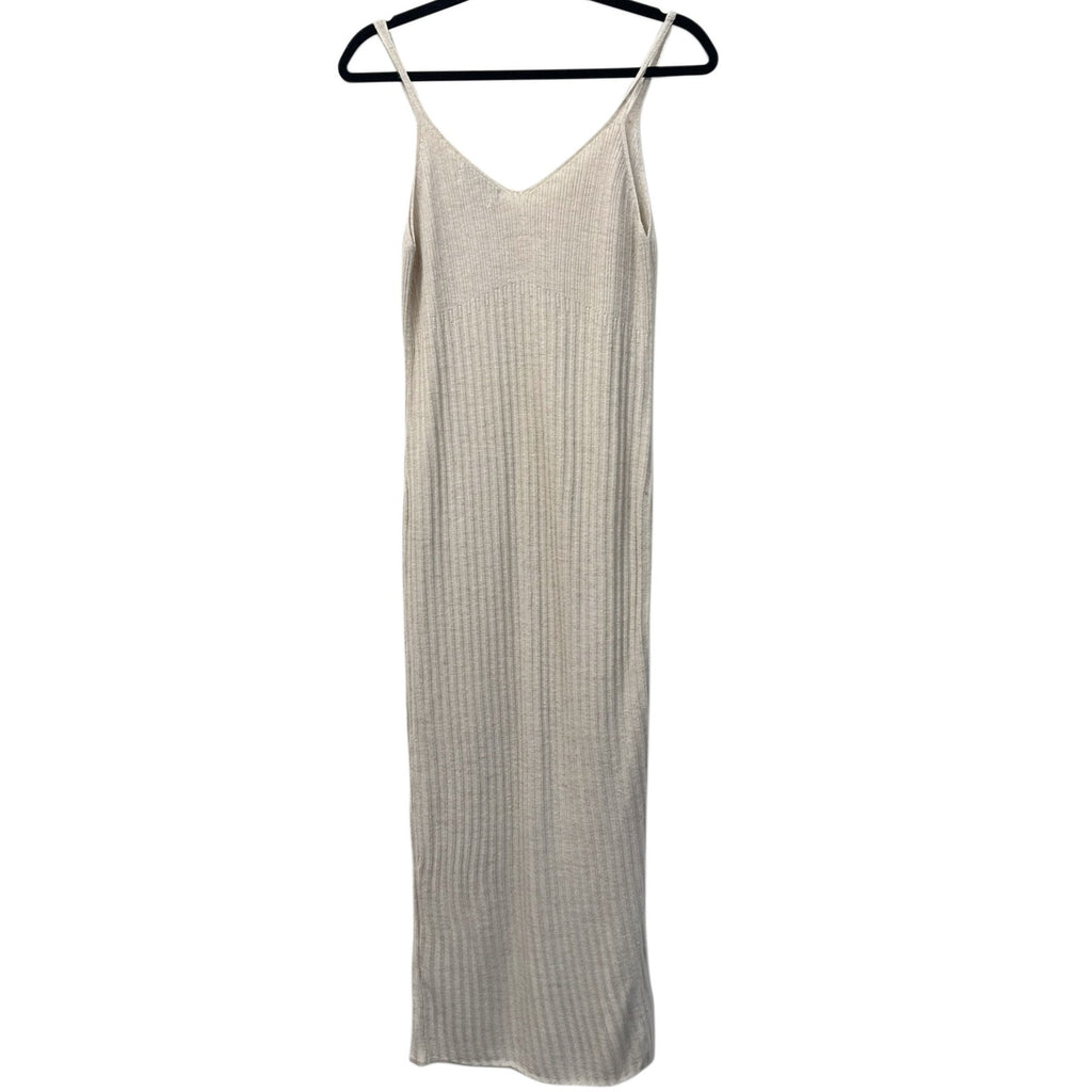 Mango Linen Blend Ribbed Knit Maxi Dress Beige Sleeveless Button Front XS