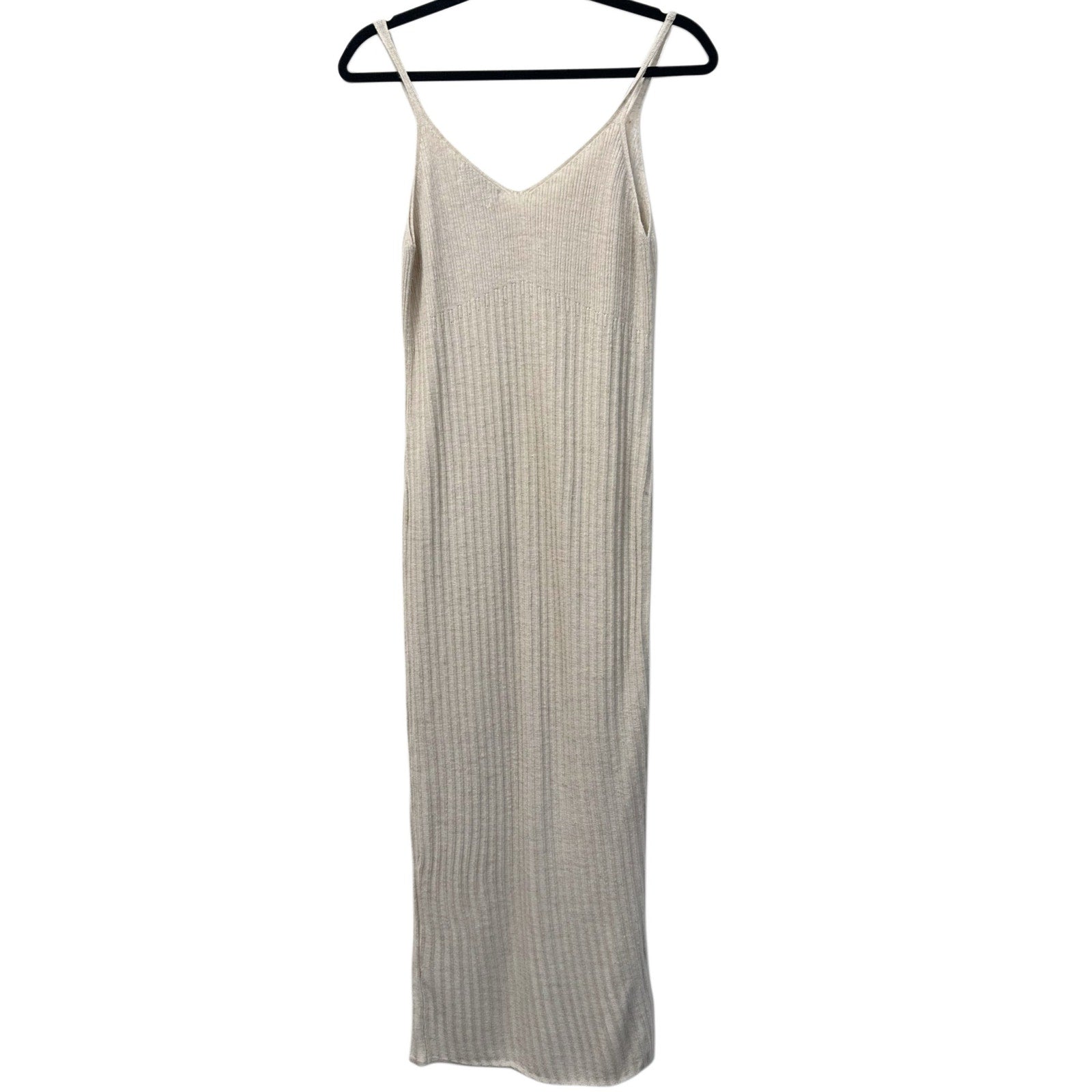 Mango Linen Blend Ribbed Knit Maxi Dress Beige Sleeveless Button Front XS