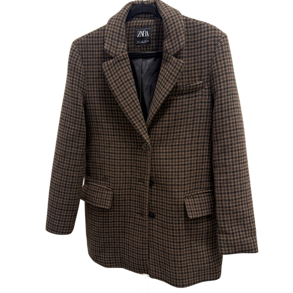 Zara Brown Black Houndstooth Tailored Blazer Jacket Size S Career Casual