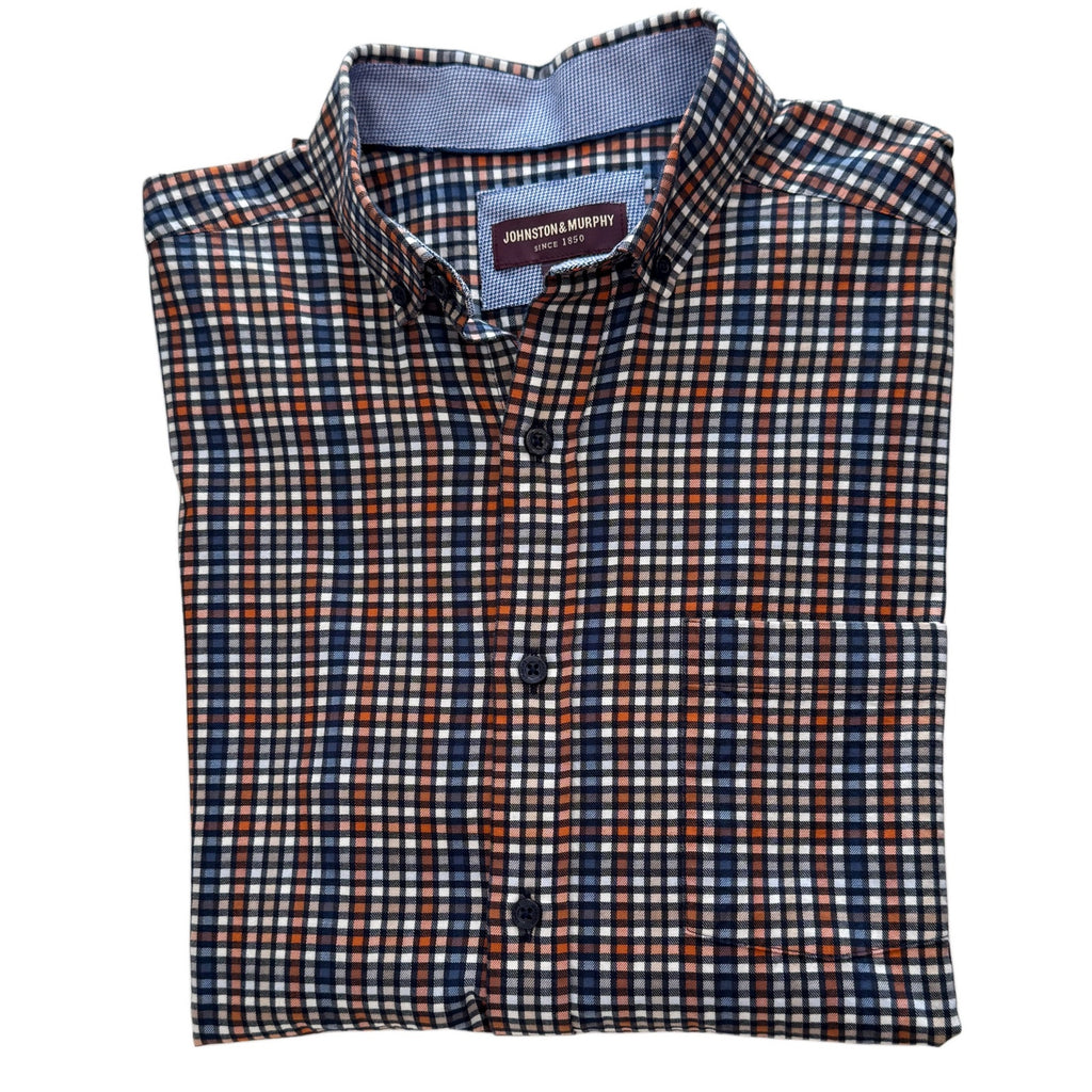 JOHNSTON & MURPHY CHECKERED ORANGE,BLUE,WHITE MEN'S SHIRT SIZE M