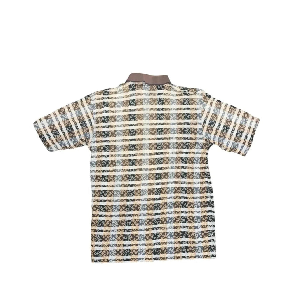 Floral Stripe Patterned Short Sleeve Polo Shirt Brown