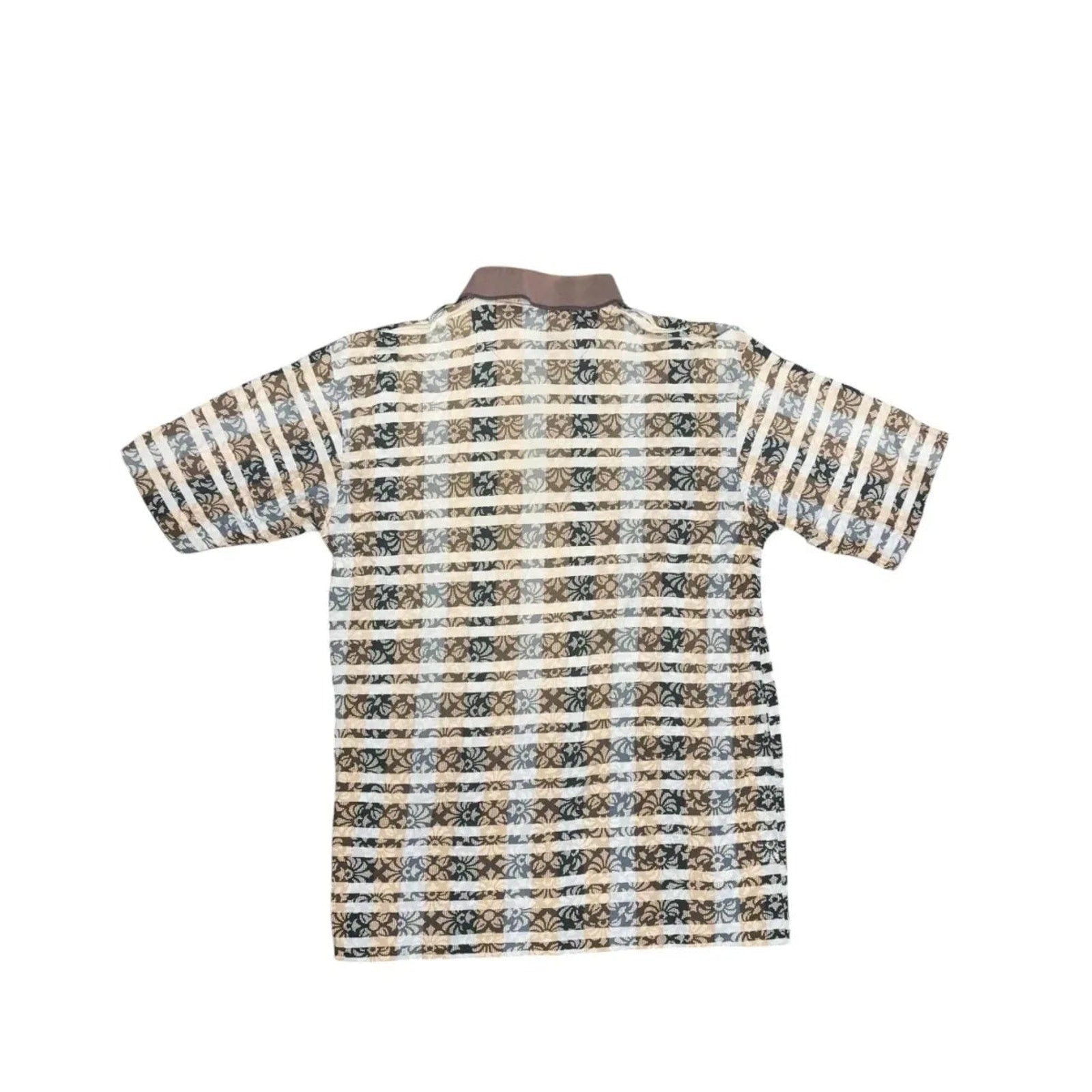 Floral Stripe Patterned Short Sleeve Polo Shirt Brown