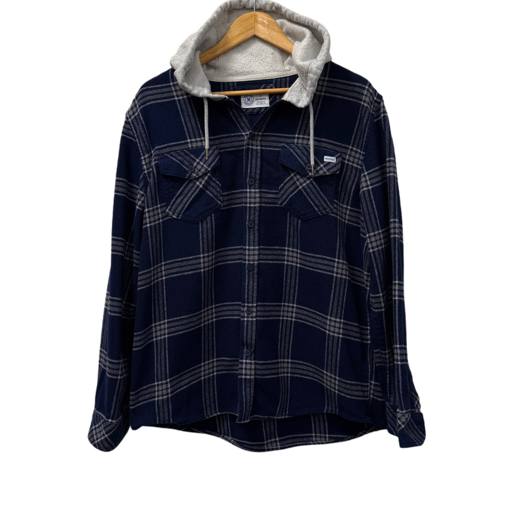 Hurley brand born from water checkered blue grey flannel hoodie for Men in size L