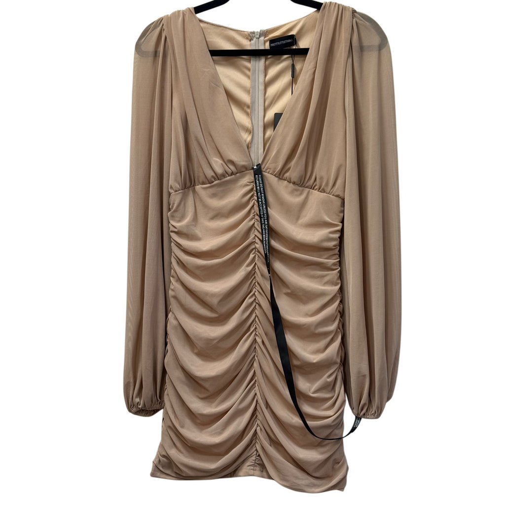 PrettyLittleThing Stone Mesh Ruched Mini Dress Long Balloon Sleeve Bodycon US 4 NWT
