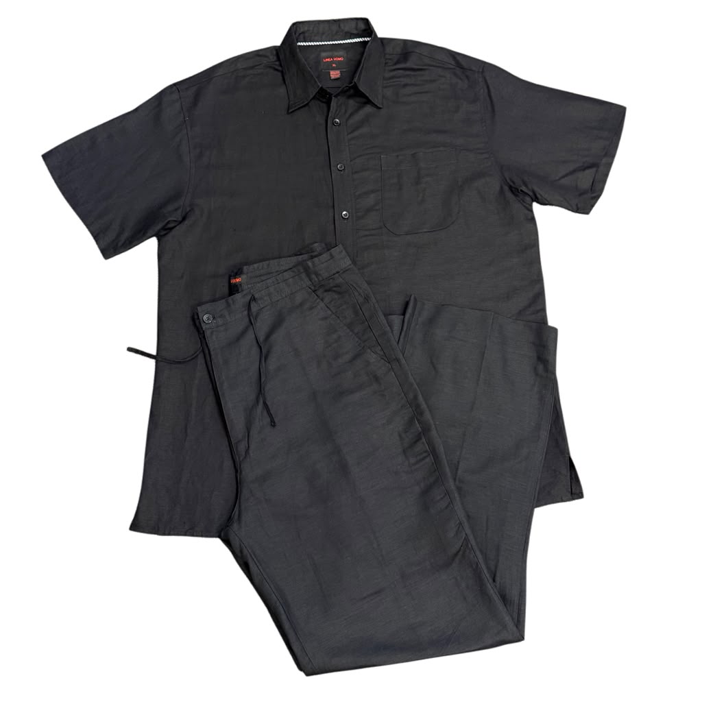 Linea Uomo Set of Short Sleeve Linen Blend Button-Up Shirt and Pants