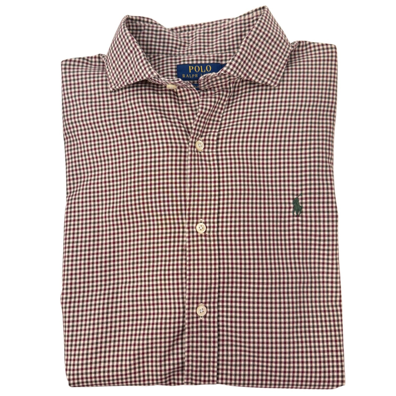 Men's checkered Polo By Ralph Lauren dress shirt in white and burgundy size M