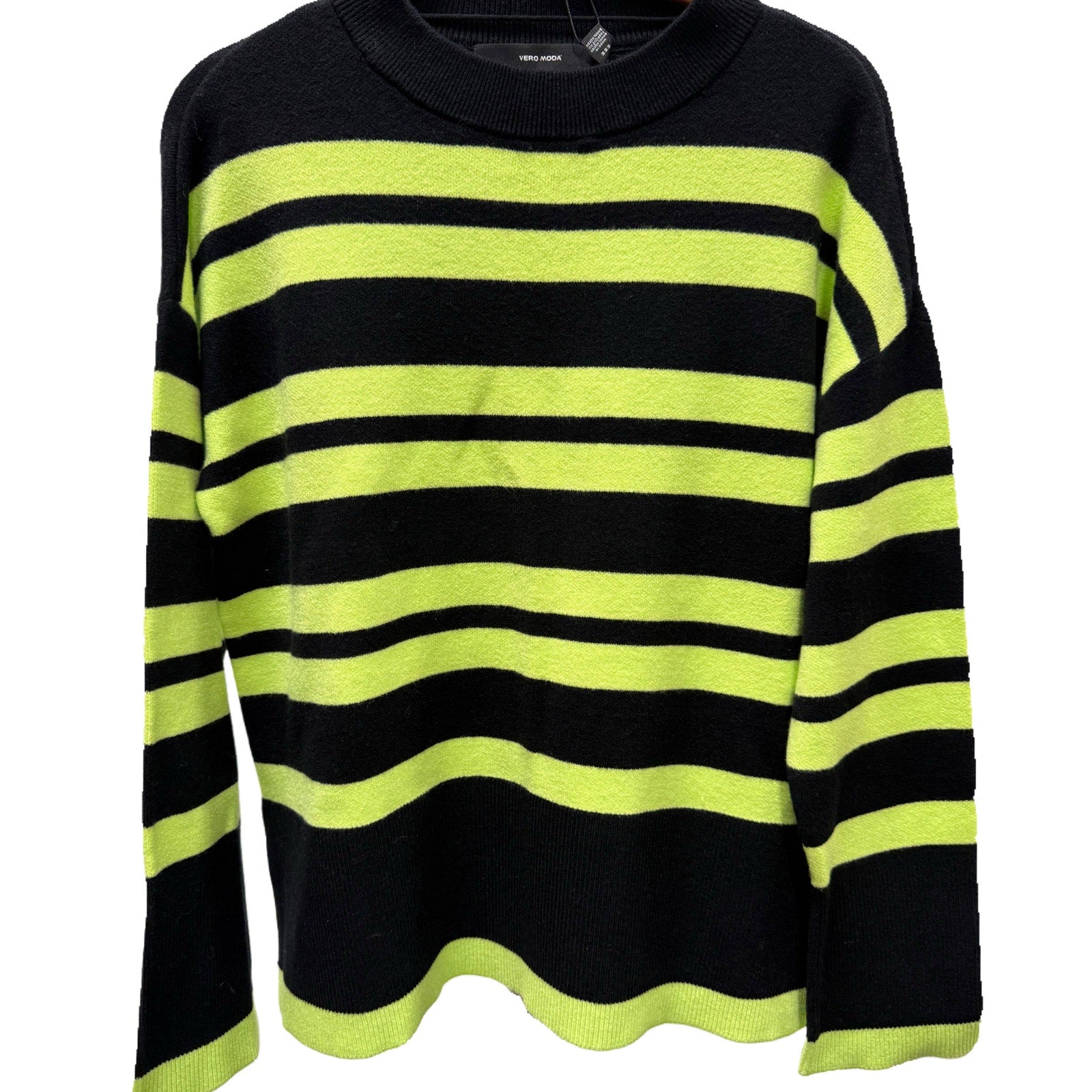 NEW- Vero Moda Black & Neon Green Striped Sweater