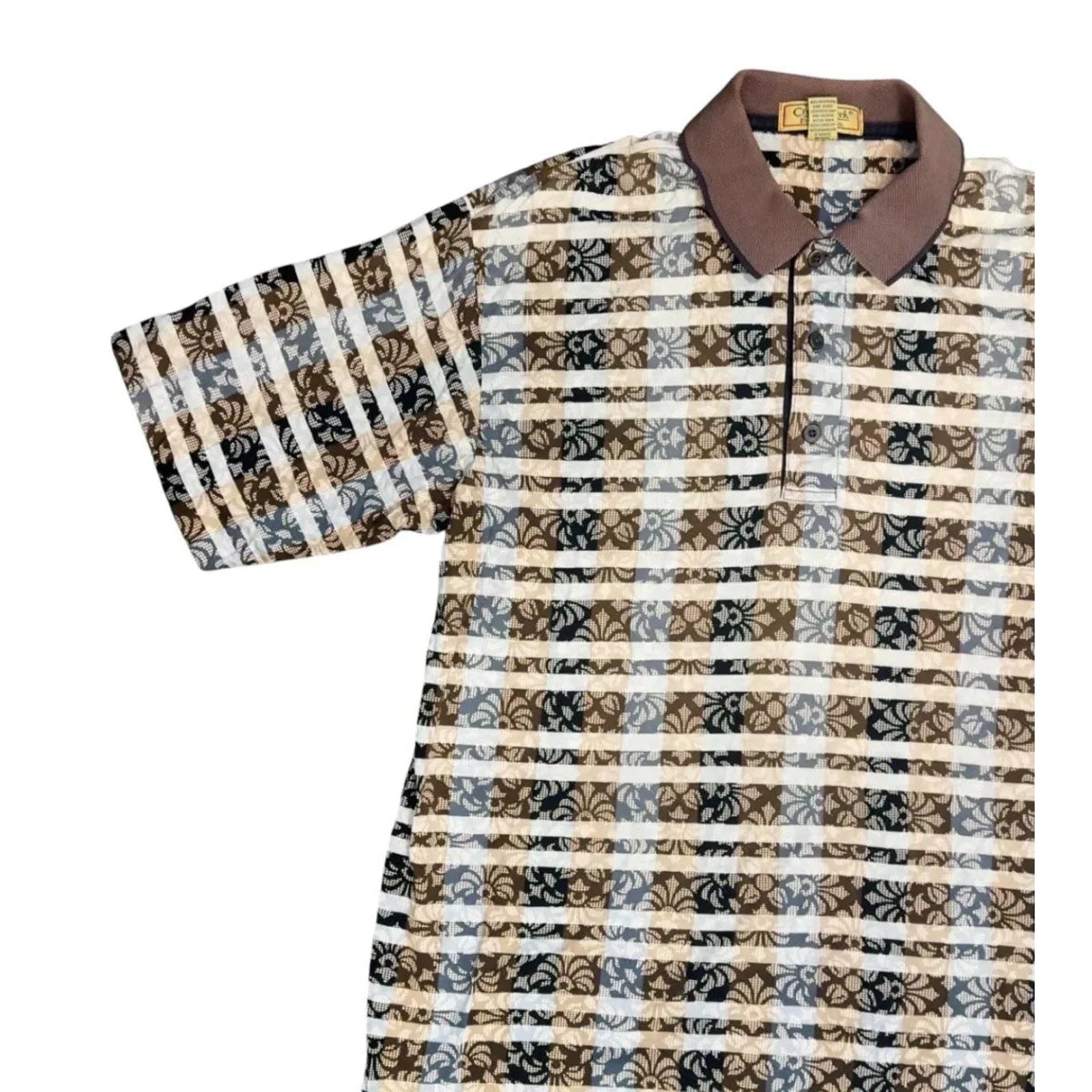Floral Stripe Patterned Short Sleeve Polo Shirt Brown