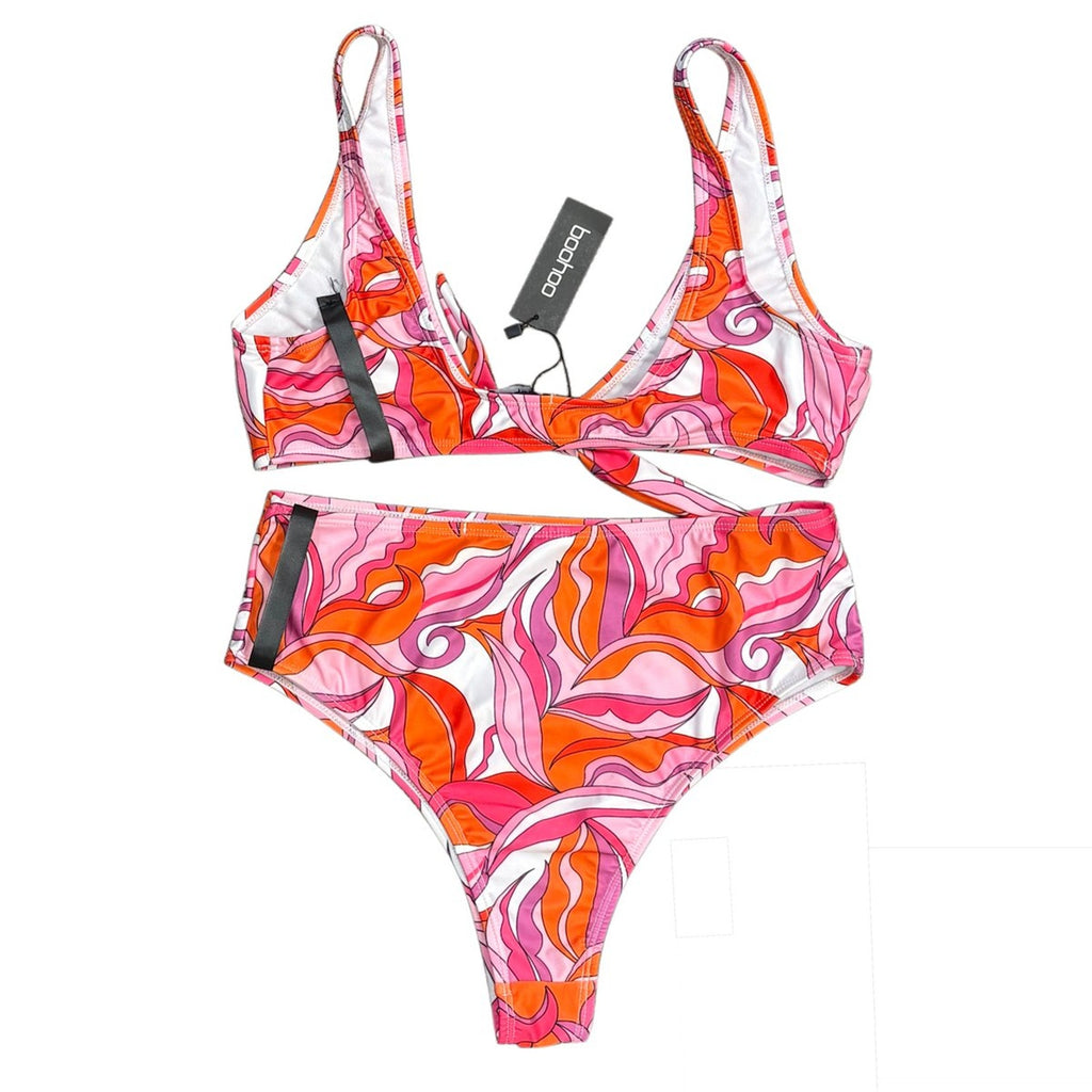 Boohoo Pink Abstract Knot Front High Leg Bikini Set