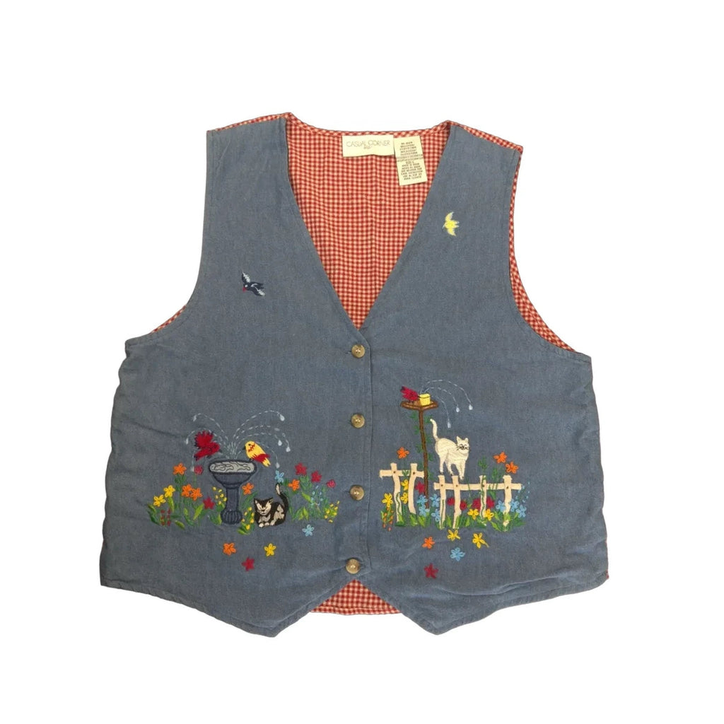 Casual Corner Denim Gingham Embroidered Garden Vest