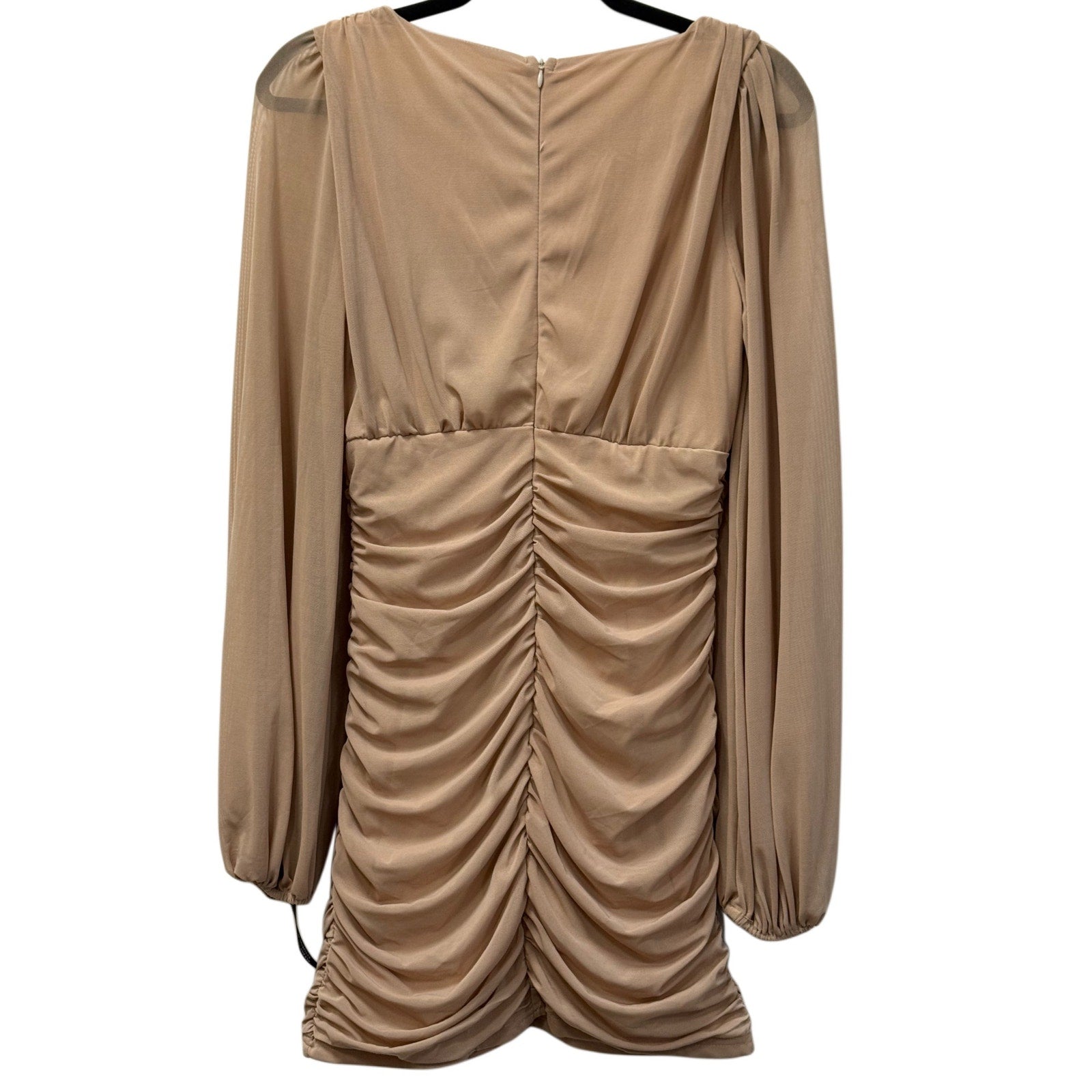 PrettyLittleThing Stone Mesh Ruched Mini Dress Long Balloon Sleeve Bodycon US 4 NWT