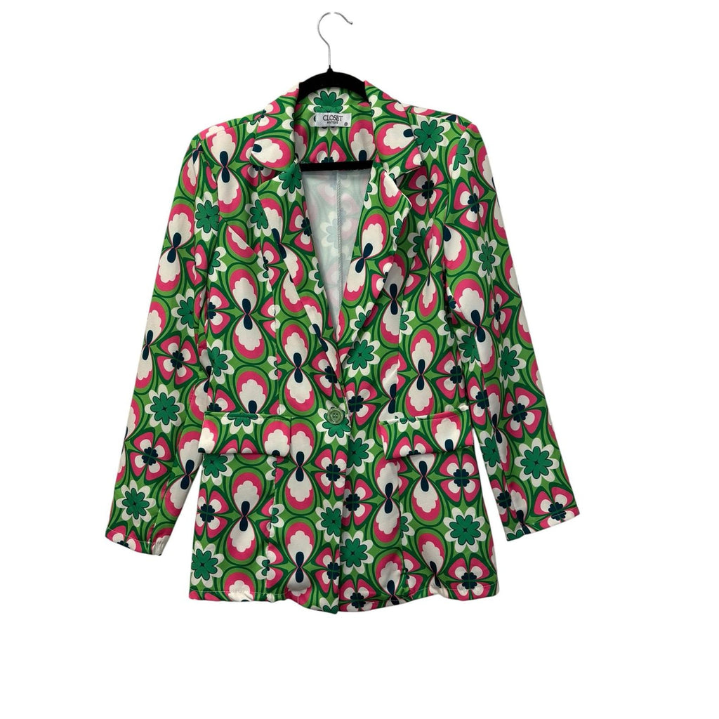 Closet Boutique Retro Floral Print Single-Button Blazer Green